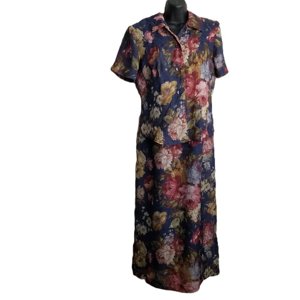 Miss Dorby Vintage Navy Floral Dress Blouse Set Size 12/10 Cottagecore Modest